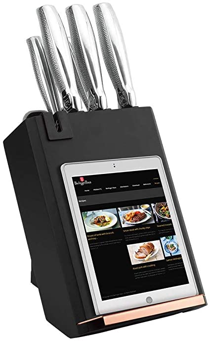 8 pcs knife set and stand with built-in sharpener and iPad-Book holder, Black Rose Collection, BH-2339