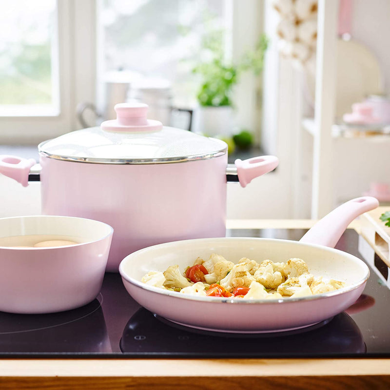 Toxin-Free Ceramic and Dishwasher Safe 12-Piece Pots and Pans Cookware Set,  Pink