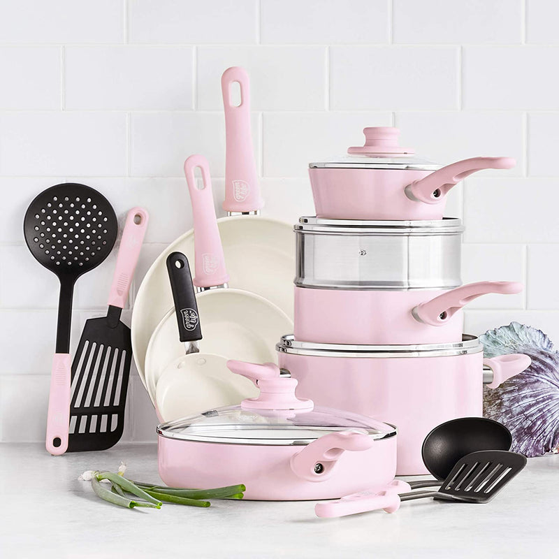 Soft Grip 18 Piece Cookware Set, Pink Non Stick Cooking Pot Set