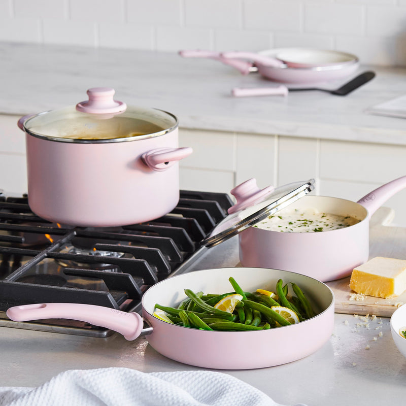 Toxin-Free Ceramic and Dishwasher Safe 12-Piece Pots and Pans Cookware Set,  Pink